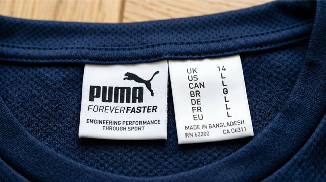 Close-up of a Puma clothing tag featuring brand logo and size details, symbolizing authenticity and global fashion standards. Navy blue textured sportswear fabric label and size information.