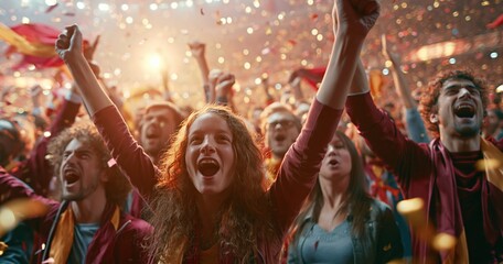 Obraz premium Happy concert crowd cheering with confetti and raised hands