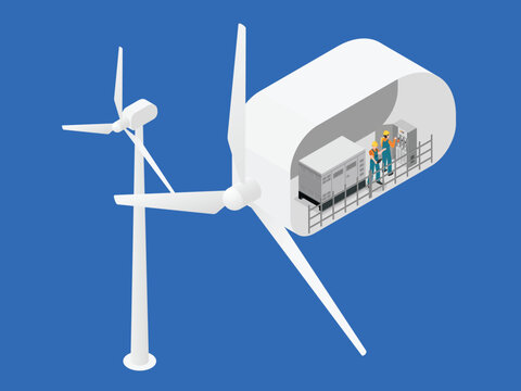 Wind Turbine Nacelle Interior Cross Section with Engineers Operating Generator Controls 3d isometric vector illustration