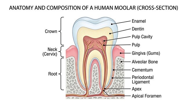 Anatomy and composition of a human molar tooth cross section diagram