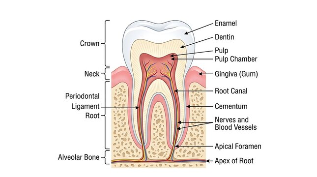 Diagram of a tooth showing its internal structure and parts
