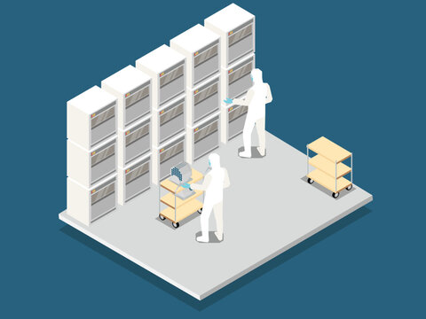 Semiconductor Cleanroom Storage Facility with Scientists in Protective Hazmat Suits Organizing Silicon Wafers in Electronic Manufacturing Lab 3d isometric vector illustration