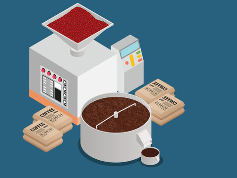 Coffee Roasting Machine and Coffee Bean Processing Factory 3d isometric vector illustration