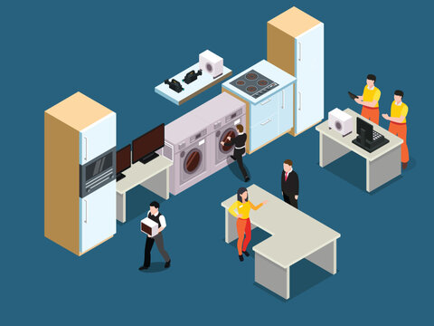 Home Appliance Store and Electronics Showroom 3d isometric vector illustration