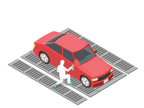 Car Painting Factory Workshop with Worker Spraying Red Sedan 3d isometric vector illustration