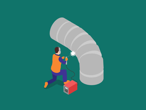 Industrial Welder Working on Metal Pipeline with Welding Machine 3d isometric vector illustration