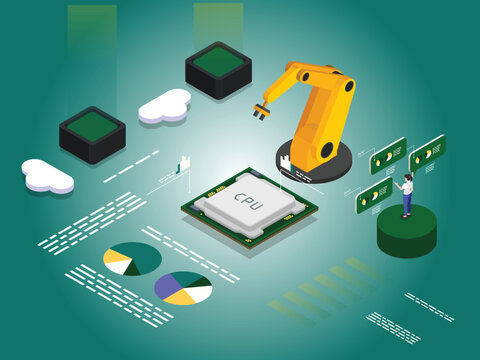 Industrial Automation with Robotic Arm and CPU Data Analytics 3d isometric vector illustration