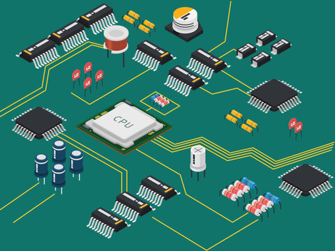 Printed Circuit Board with CPU and Electronic Components 3d isometric vector illustration