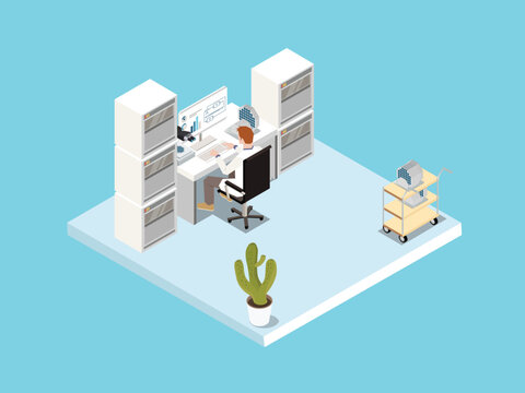 Scientist Working at Laboratory Computer with Data Servers 3d isometric vector illustration
