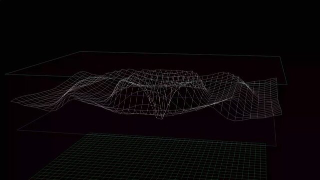 Grid wave surface features a complex three dimensional structure floating in a dark environment which suggests advanced technological modeling and scientific data visualization for complex digital.