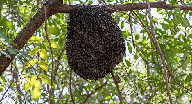 Natural wild beehive hanging from tree branch, large honey bee swarm in forest, organic honeycomb structure in nature