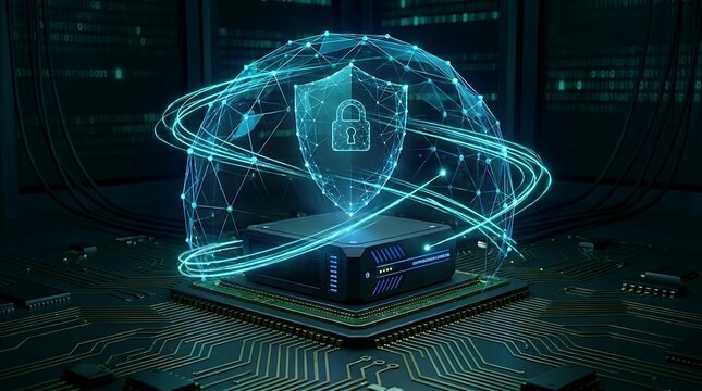 Cybersecurity hardware protection concept futuristic server with glowing shield and digital data streams