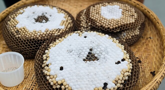 Natural wild honeycomb with white larvae, fresh bee nest in wicker basket, organic exotic food and insect farming concept