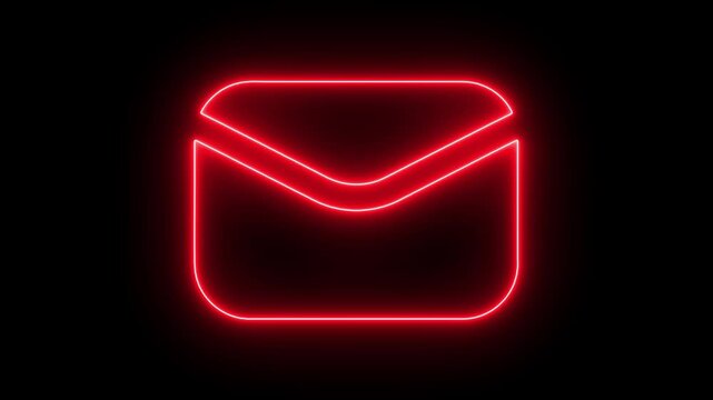 Glowing red neon envelope animation on black background, for digital communication, concepts email