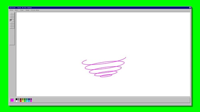 Retro Computer Screen Drawing a 3D Purple Spiral Sphere in Classic Paint Program with Green Screen Background