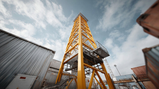 Container crane, architecture, low angle, industrial port, yellow steel frame reach sky above shipping container yard with dramatic cloud