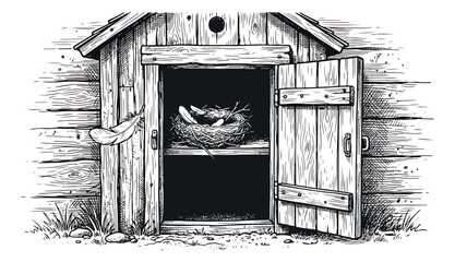 Vintage wood chicken coop with bird nest and eggs, rustic farm poultry house illustration, hand drawn black and white hen house vector © sajida