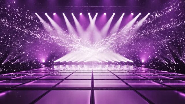 Empty stage with purple spotlights and hazy smoke effects