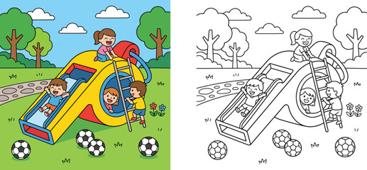 Obraz premium Whistle playground slide with children playing, colored vector illustration and black and white outline coloring page