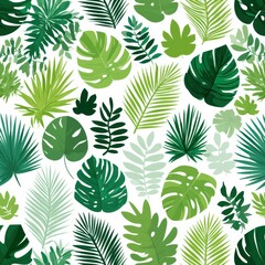 This design features a seamless arrangement of colorful tropical leaves including monstera, palm fronds, and ferns on a white background. © Anat art