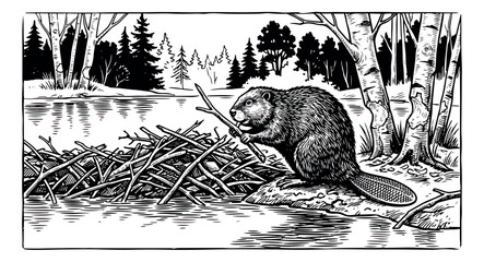 Vintage beaver illustration in woodcut style, wild beaver building a dam with sticks, black and white river landscape vector art © sajida