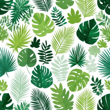 This design features a seamless arrangement of colorful tropical leaves including monstera, palm fronds, and ferns on a white background.