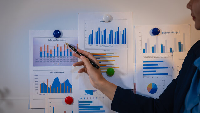Businesswoman pointing at printed charts and graphs on a wall during office presentation and data analysis