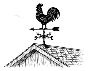 Vintage rooster weather vane on wooden barn roof, rustic farmhouse wind vane vector illustration, traditional weathercock with cardinal directions © sajida