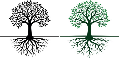 Obraz premium Tree of Life with Roots Silhouette Vector Illustration Set