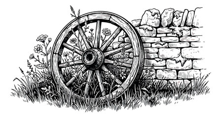 Vintage wooden wagon wheel leaning against a rustic stone wall, hand drawn ink sketch of a rural farm landscape, old carriage wheel with wildflowers © sajida