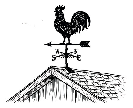 Vintage rooster weather vane on wooden barn roof, rustic farmhouse wind vane vector illustration, traditional weathercock with cardinal directions