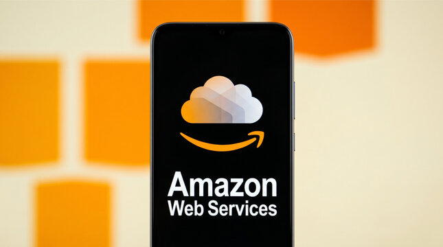 In this photo illustration, the Amazon Web Services logo is seen displayed on a smartphone screen. AWS cloud computing services branding on mobile phone with blurred orange background context.