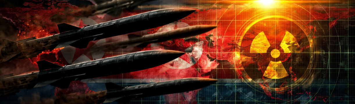 Nuclear Missile Attack: A dramatic depiction of a nuclear missile strike, with multiple missiles in flight against a backdrop of fire, smoke, and a radiation hazard symbol, symbolizing global threat.