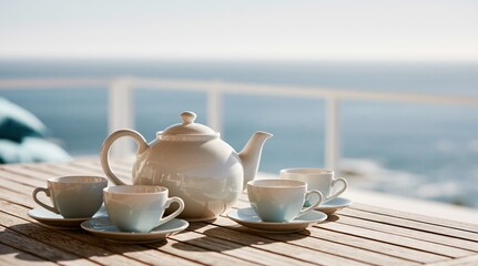 Obraz premium Tea set on balcony table with ocean view at sunrise