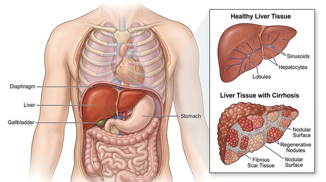 Anatomy of the human liver with healthy and diseased liver tissue