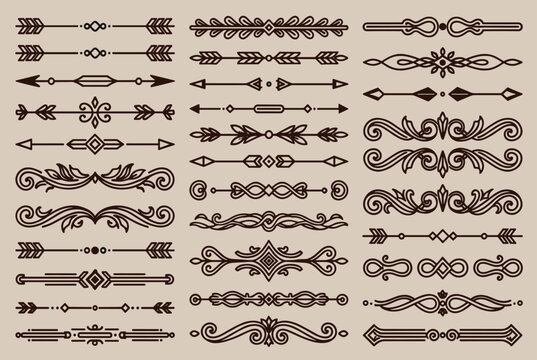 Large collection of decorative line dividers and ornate flourishes designed for classic page layouts and invitations.
