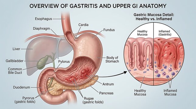 Overview of gastritis and upper gi anatomy with labeled parts