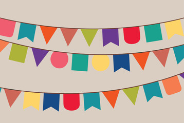 Obraz premium Three rows of colorful party bunting flags in various shapes like triangles and rectangles hanging on strings for a celebration.