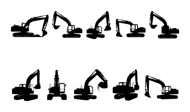 Excavator Silhouette Vector Collection Set Featuring Ten Different Heavy Construction Machinery Poses For Industrial Building Site Design Projects