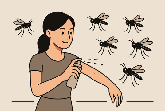Young woman applying insect repellent spray to her arm to protect herself from multiple large mosquitoes flying around her.
