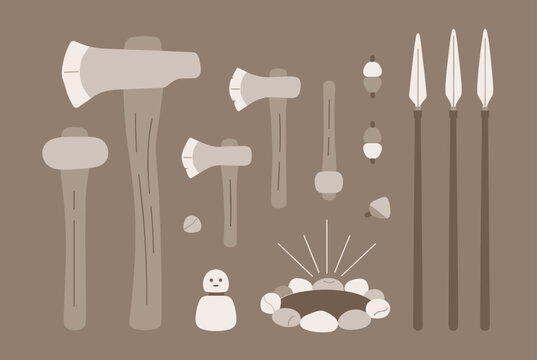 Array of ancient stone tools including axes, spears, hammers, and a fire pit representing primitive human life and prehistoric technology.
