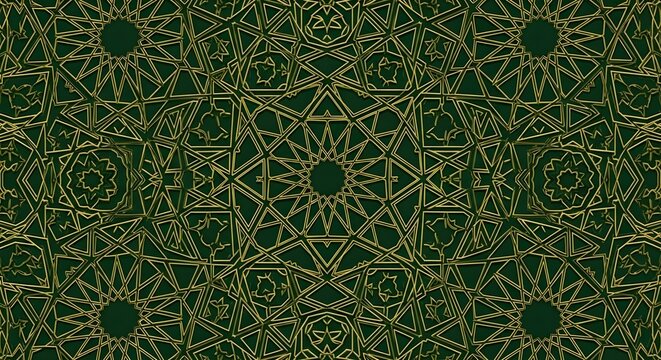 Traditional Islamic geometric pattern with golden lines on a dark green background. Complex interlacing star motifs, decagons, and polygons in an elegant arabesque design.