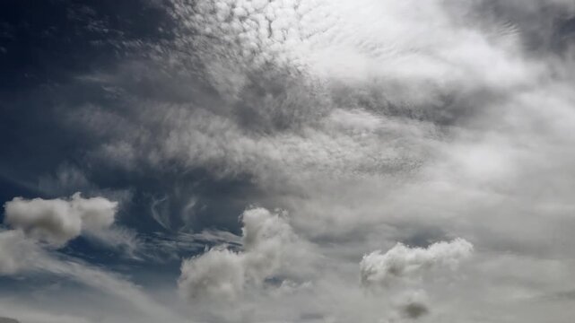 Cirrus and altocumulus clouds appear against a bright blue sky while some are thin others form denser, more puffy clusters Such cloud formations are typically associated with clear sunny weather.
