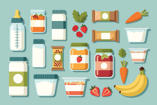 Assortment of healthy baby food products including jars of puree, milk bottles, yogurt, snack bars, and fresh fruits on a teal background.