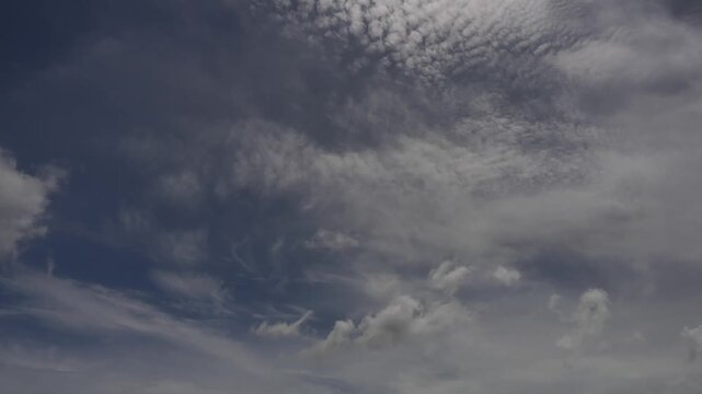 Cirrus and altocumulus clouds appear against a bright blue sky while some are thin others form denser, more puffy clusters Such cloud formations are typically associated with clear sunny weather.
