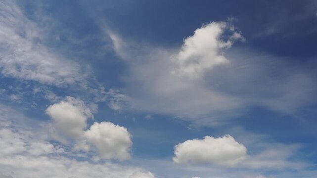 Cirrus and altocumulus clouds appear against a bright blue sky while some are thin others form denser, more puffy clusters Such cloud formations are typically associated with clear sunny weather.