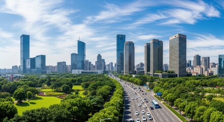 Fototapeta premium Modern Cityscape with Skyscrapers, Lush Green Park and Busy Highway under Blue Sky - Urban Sustainable Development Concept
