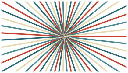 Fototapeta premium Dense sunburst radiating lines in red teal and cream colors from center.
