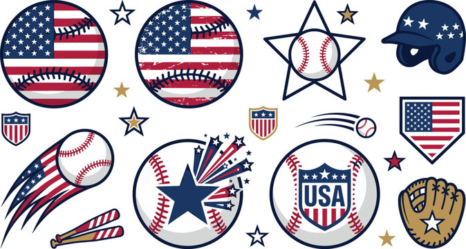 USA patriotic baseball bundle vector icons with American flag stars stripes bat helmet and glove