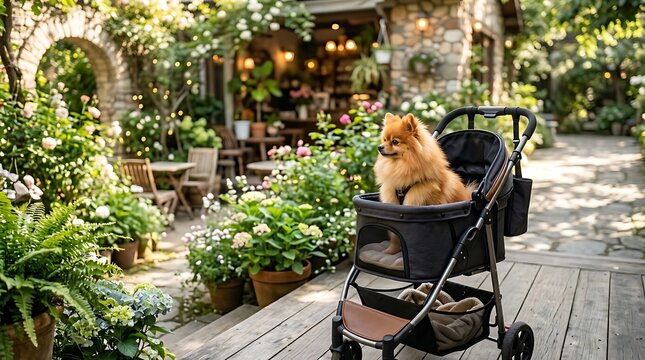 Small fluffy dog sitting in a pet stroller at a garden cafe